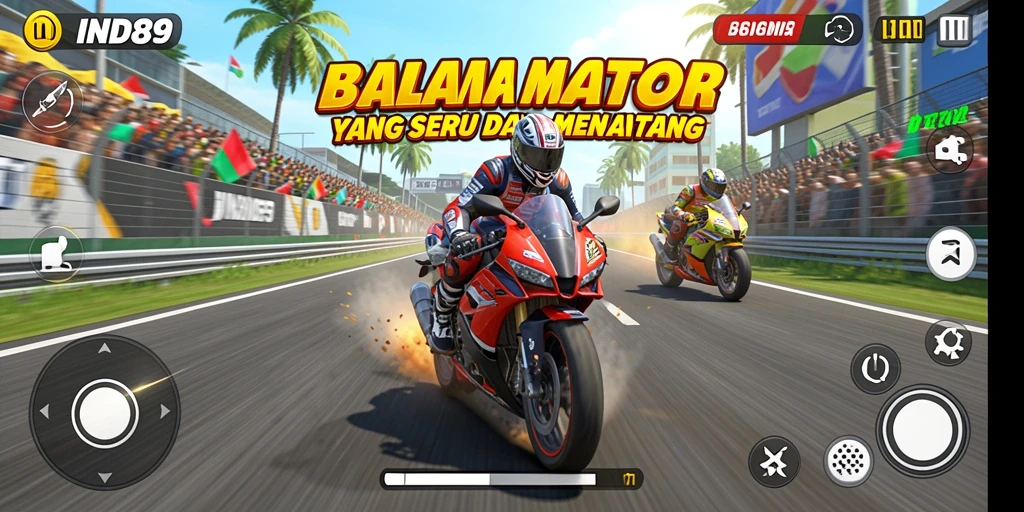 Screenshot gameplay IND89 dengan balapan motor yang mendebarkan di lintasan.