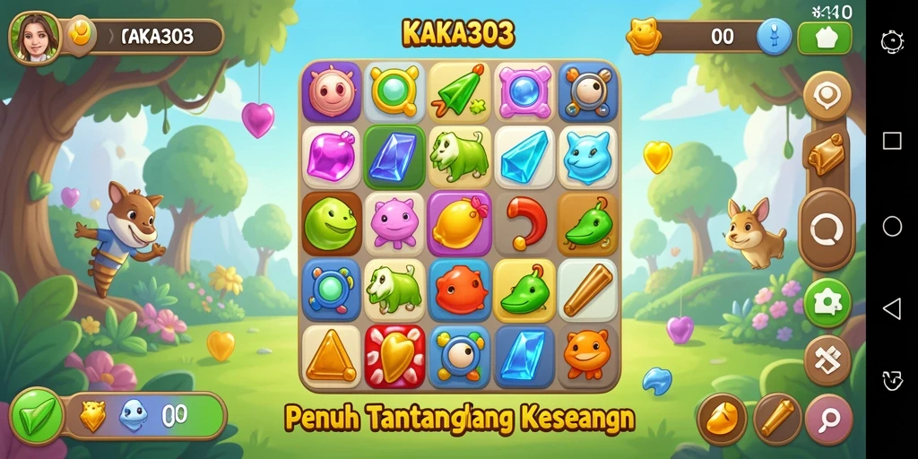 Screenshot KAKA303 menampilkan gameplay Match-3 yang seru dan berwarna.