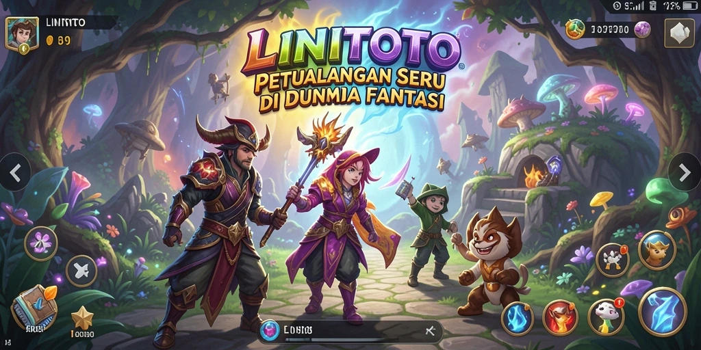Screenshot permainan LINITOTO menampilkan karakter menjelajahi dunia fantasi yang indah.