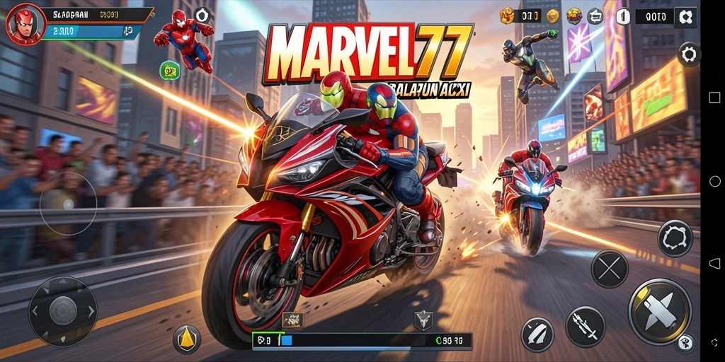 Screenshot gameplay MARVEL77 menampilkan balapan motor yang seru.
