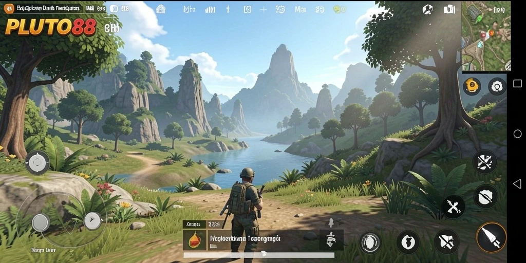 Screenshot gameplay PLUTO88 menampilkan dunia terbuka yang luas dan detail.